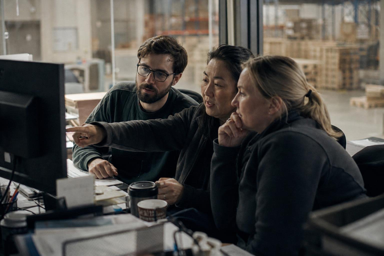 An engineer sitting shoulder-to-shoulder with two operations staff at a dispatch desk, all three looking at the same monitor.