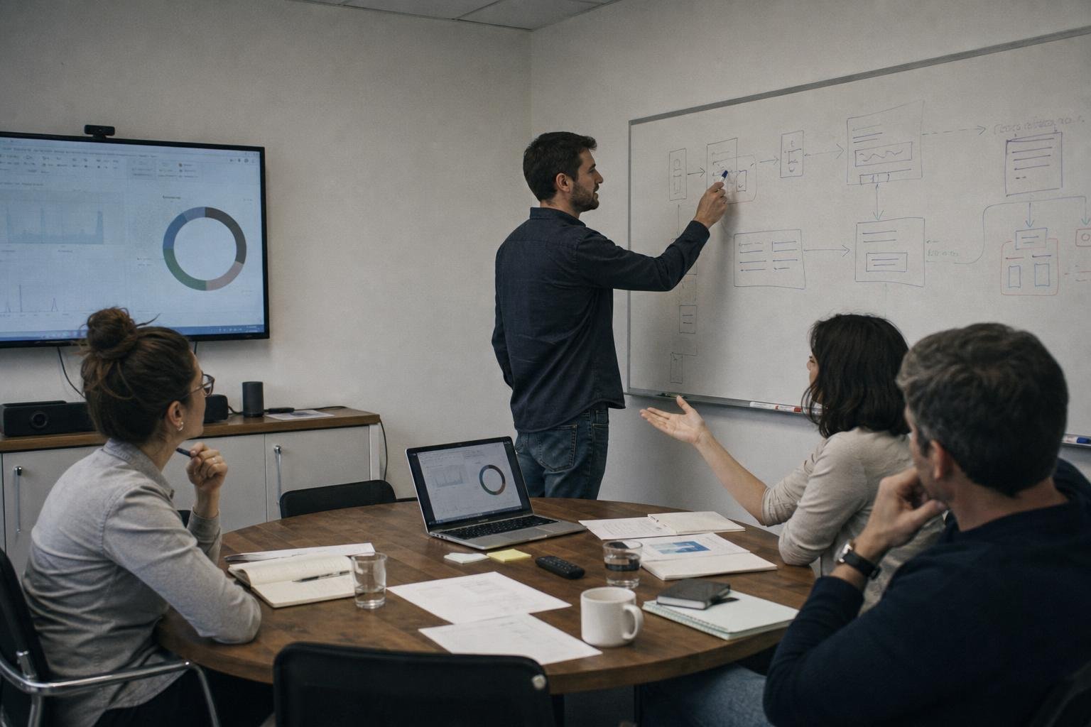 A working session in a meeting room: one person at a whiteboard of boxes and arrows, others around a table with a laptop mirrored to a wall screen.