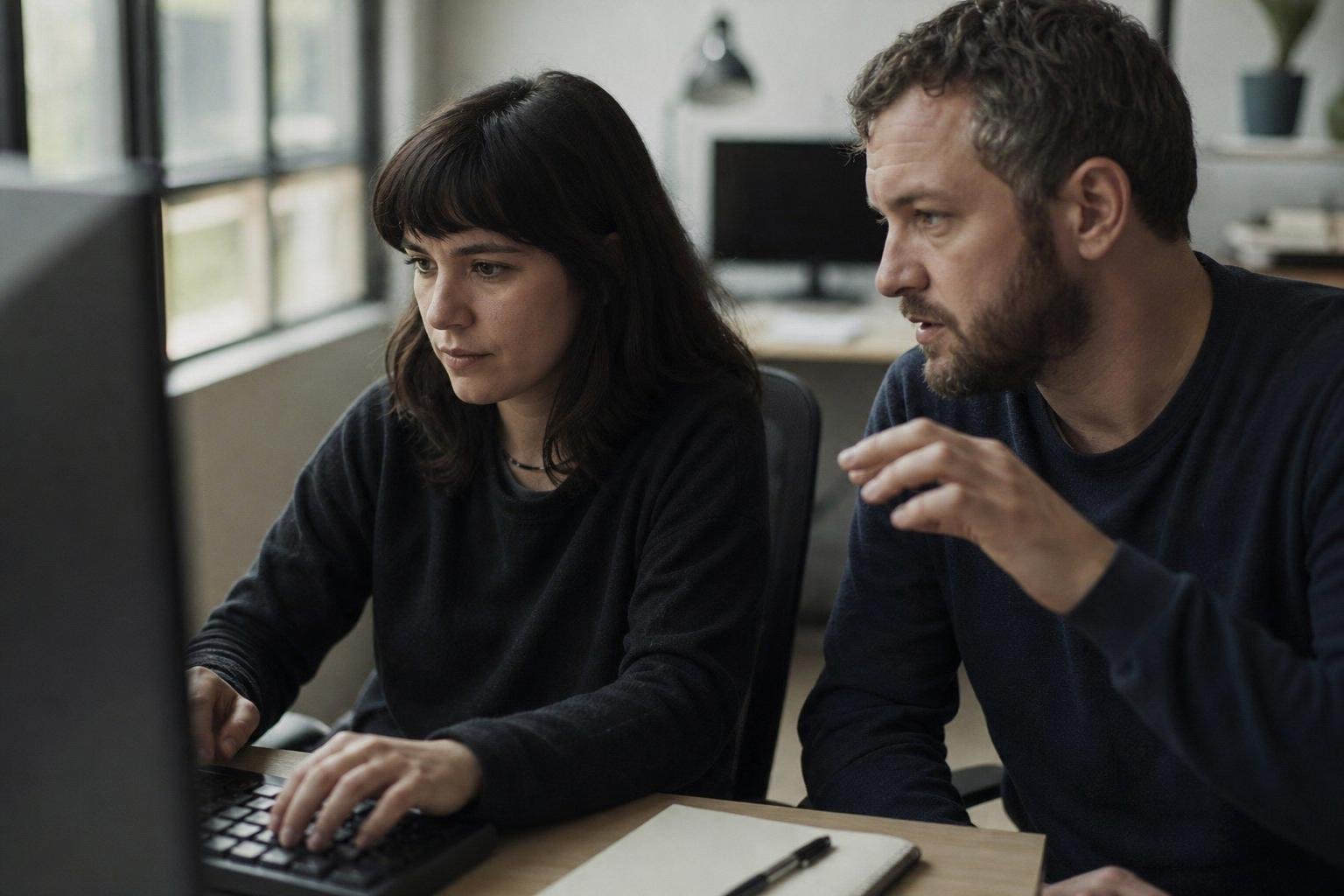 A handover moment: a member of staff driving the keyboard at one screen while an engineer sits beside them and explains.